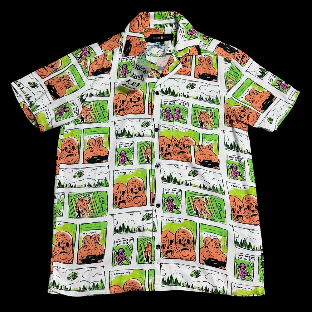 NWT Teddy Fresh Art Club Comic Monster Print Button Up Shirt Psychedelic Sz XS